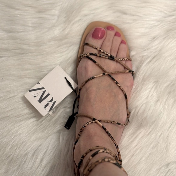 ZARA Snakeskin Print Lace up Gladiator Flat Sandals - Picture 8 of 14